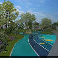 Vibrant Garden Landscape With Turquoise Blue Pathway Yellow Dots Green Trees And Purple Flowers
