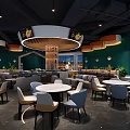 Modern Restaurant Interior With Chef At Bar Counter Green Walls Round Pendant Lights And Plants