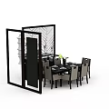 Modern Dining Table And Chairs Set In Stylish Room With Decorative Screen Vase And Tableware
