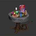 Rustic Tree Stump Wooden Table With Various Breakfast Items And Decorative Branch