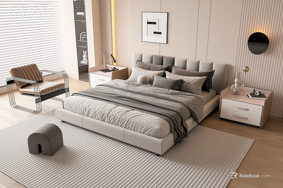 Modern Upholstered Double Bed in Stylish Bedroom with Nightstand Rug and Wall Art 3d model 