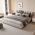 Modern Upholstered Double Bed in Stylish Bedroom with Nightstand Rug and Wall Art