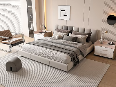 Modern Upholstered Double Bed in Stylish Bedroom with Nightstand Rug and Wall Art 3d model