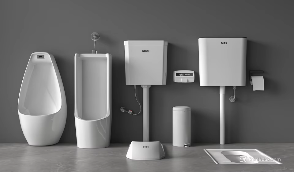 Modern Urinals In Different Styles With Wall Mounted Floor Standing Designs Water Tanks And Accessories 3d model 