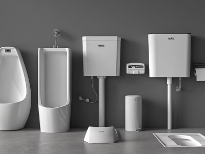 Modern Urinals In Different Styles With Wall Mounted Floor Standing Designs Water Tanks And Accessories 3d model