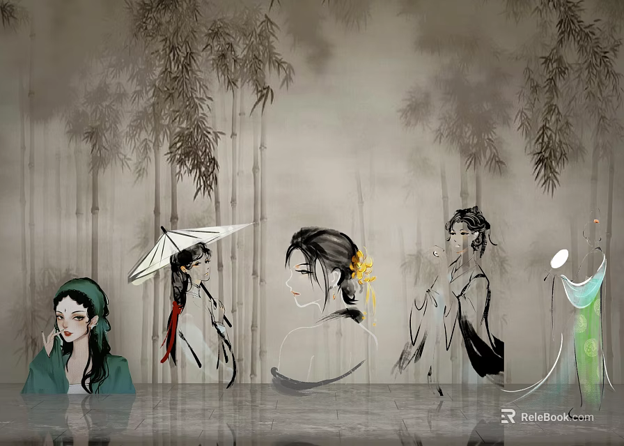 Chinese Ink Painting Ancient Women In Bamboo Forest With Umbrella And Hair Accessories 3d model 