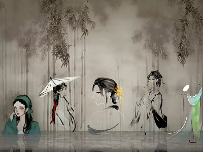Chinese Ink Painting Ancient Women In Bamboo Forest With Umbrella And Hair Accessories 3d model
