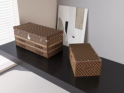 Brown Beige Checkerboard Pattern Storage Boxes On Black Table Modern Interior 3d model