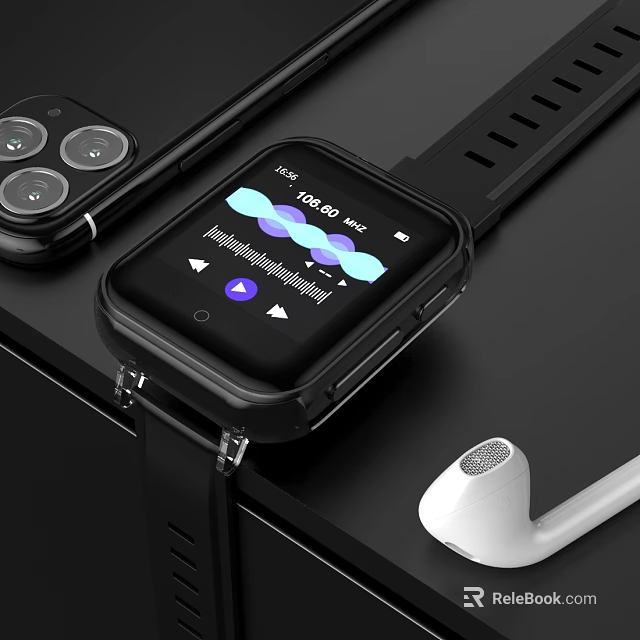 Digital Smartwatch Showing Music Playback Interface Near Smartphone And Earphone 3d model 