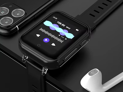 Digital Smartwatch Showing Music Playback Interface Near Smartphone And Earphone 3d model