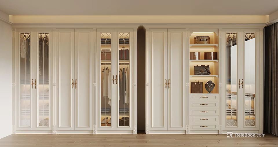 Elegant Modern White Wardrobe Design With Glass Doors Drawers And Storage For Clothes Accessories 3d model 