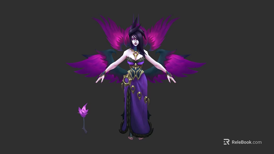 Mystical Game Female Character With Purple Black Wings Purple Gown Golden Ornaments And Lotus Flower 3d model 