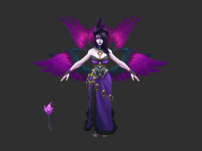 Mystical Game Female Character With Purple Black Wings Purple Gown Golden Ornaments And Lotus Flower 3d model
