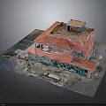Pink Small Building Model Featuring Red Roof Balcony Colorful Graffiti Parking Lines And Bench