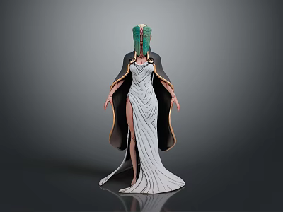 Elegant Woman In White Long Dress With Green Headpiece And Dark Cloak 3d model