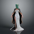 Elegant Woman In White Long Dress With Green Headpiece And Dark Cloak