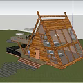Triangular Wooden House With Glass Panels Balcony Railing and Stone Path Surrounded by Trees