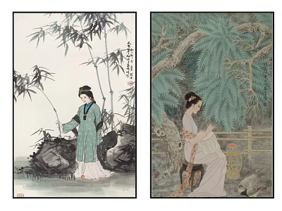 Traditional Chinese Figure Paintings Depicting Elegant Female Figures in Classical Attire with Bamboo and Trees 3d model