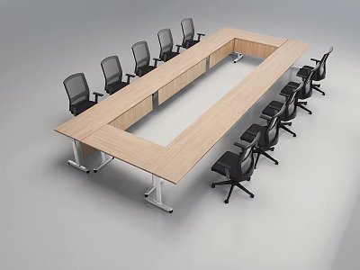 Wooden Rectangular Conference Table with Black Office Chairs in Modern Office Space 3d model