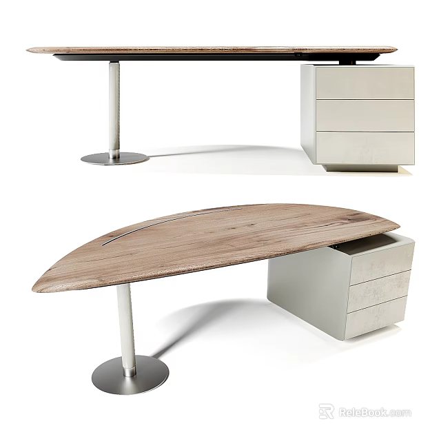 Modern Office Desk With Wooden Top Metal Legs And Drawer Cabinet Design Setup 3d model 