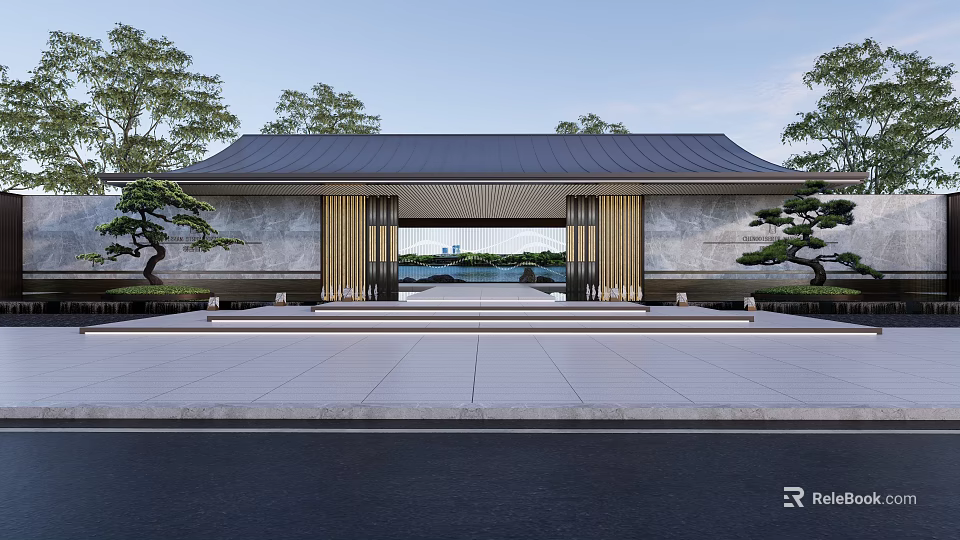 Traditional Chinese Entrance Architecture With Black Roof Stone Steps Trees And Water Background 3d model 