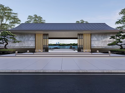 Traditional Chinese Entrance Architecture With Black Roof Stone Steps Trees And Water Background 3d model