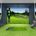 Indoor Golf Simulator Practice With Green Turf Golf Clubs Course Screen And Scoreboard