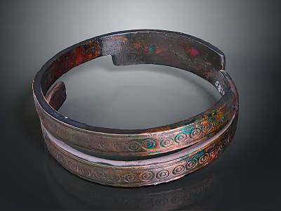Carved Metallic Sculpture Circular Ring Shaped Design With Intricate Patterns And Colorful Accents 3d model