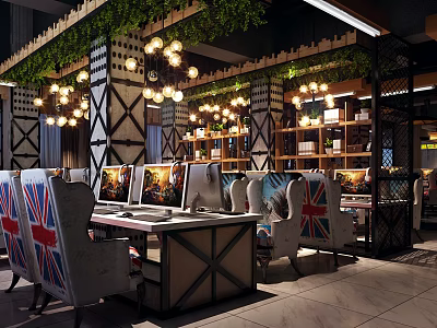 Stylish Cyber Cafe Interior With Union Jack Chairs Computers Chandeliers Bookshelves And Green Plant Decor 3d model