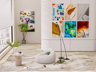 Colorful Abstract Paintings In Modern Room Interior With Plants Floor Lamp And Natural Light 3d model