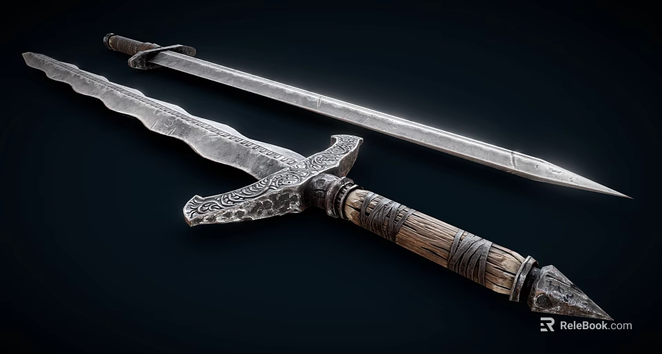 Ancient Swords With Carved Wooden Handle And Patterned Blade Displayed On Dark Background 3d model 