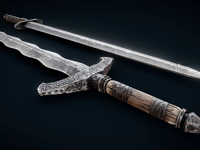 Ancient Swords With Carved Wooden Handle And Patterned Blade Displayed On Dark Background 3d model