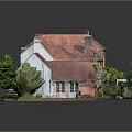 Detailed Miniature Red Brick House Model With Red Roof Chimneys And Garden Plants