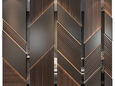 Modern Background Wall Design With Geometric Lines Metallic Accents And Wooden Panels 3d model