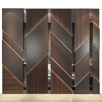 Modern Background Wall Design With Geometric Lines Metallic Accents And Wooden Panels 3d model