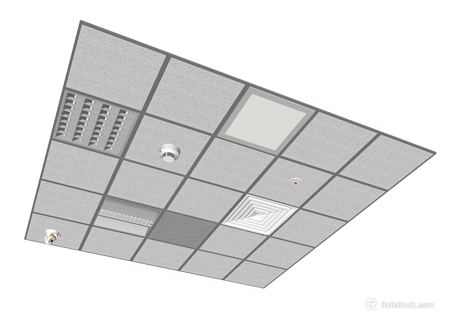 Modern Suspended Ceiling With Grid Panels Ventilation Grilles Recessed Lights And Smoke Detectors 3d model 