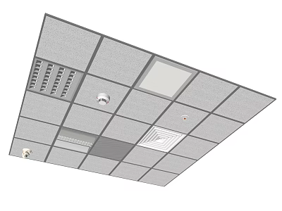 Modern Suspended Ceiling With Grid Panels Ventilation Grilles Recessed Lights And Smoke Detectors 3d model