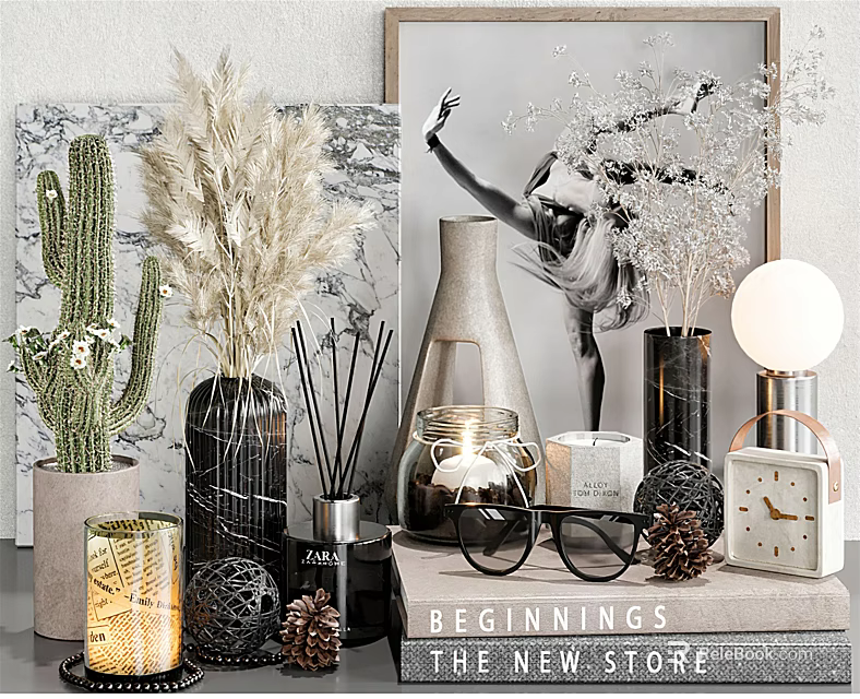 Decorative Ornament Set With Pampas Grass Cactus Vases Diffuser Candle Clock And Framed 3d model 