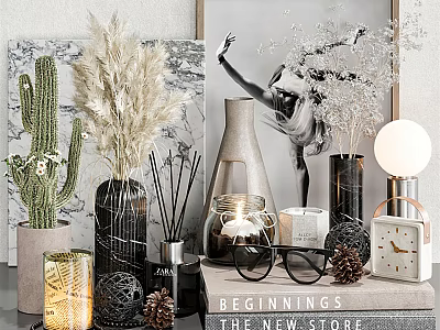 Decorative Ornament Set With Pampas Grass Cactus Vases Diffuser Candle Clock And Framed 3d model