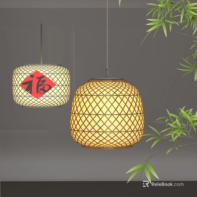 Traditional Bamboo Woven Lanterns with Fortune Character and Bamboo Leaves 3d model 