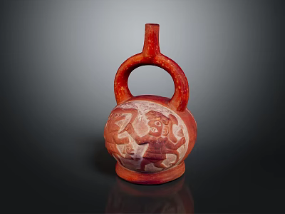 Ancient Red Ceramic Vessel With Loop Handle And Intricate Carved Figures 3d model