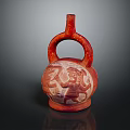 Ancient Red Ceramic Vessel With Loop Handle And Intricate Carved Figures