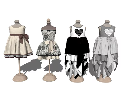 Mannequins Displaying Various Style Dresses With Bow Heart Pattern And Layered Skirts 3d model