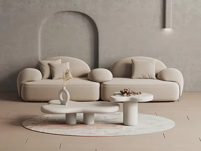 Modern Beige Double Sofa With Round Coffee Table In Minimalist Grey Interior 3d model