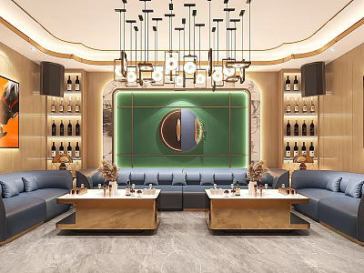 Elegant Hotel Lobby Interior With Blue Sofas Wooden Decor Wine Racks And Hanging Chandeliers 3d model