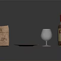 Elegant Wine Bottle and Glass with Brown Paper Bag White Plate on Black Table Surface