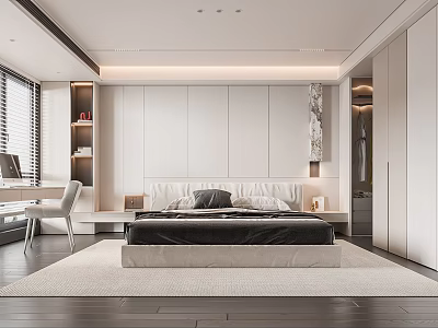 Modern Bedroom Interior With Bed Bedside Tables Wardrobe And Desk Chair 3d model