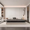 Modern Bedroom Interior With Bed Bedside Tables Wardrobe And Desk Chair