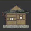 Traditional Japanese Architecture Model Featuring Green Tiled Roof Wooden Lattice Windows And Stone Base