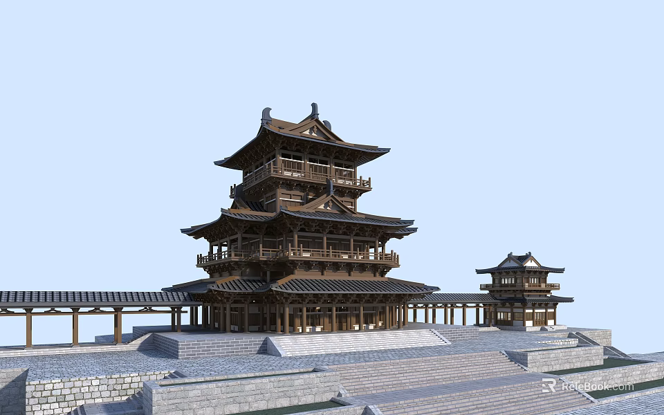 Ancient Chinese Wooden Pagoda With Multi Tiered Roofs Stone Steps And Adjacent Small Pavilions 3d model 